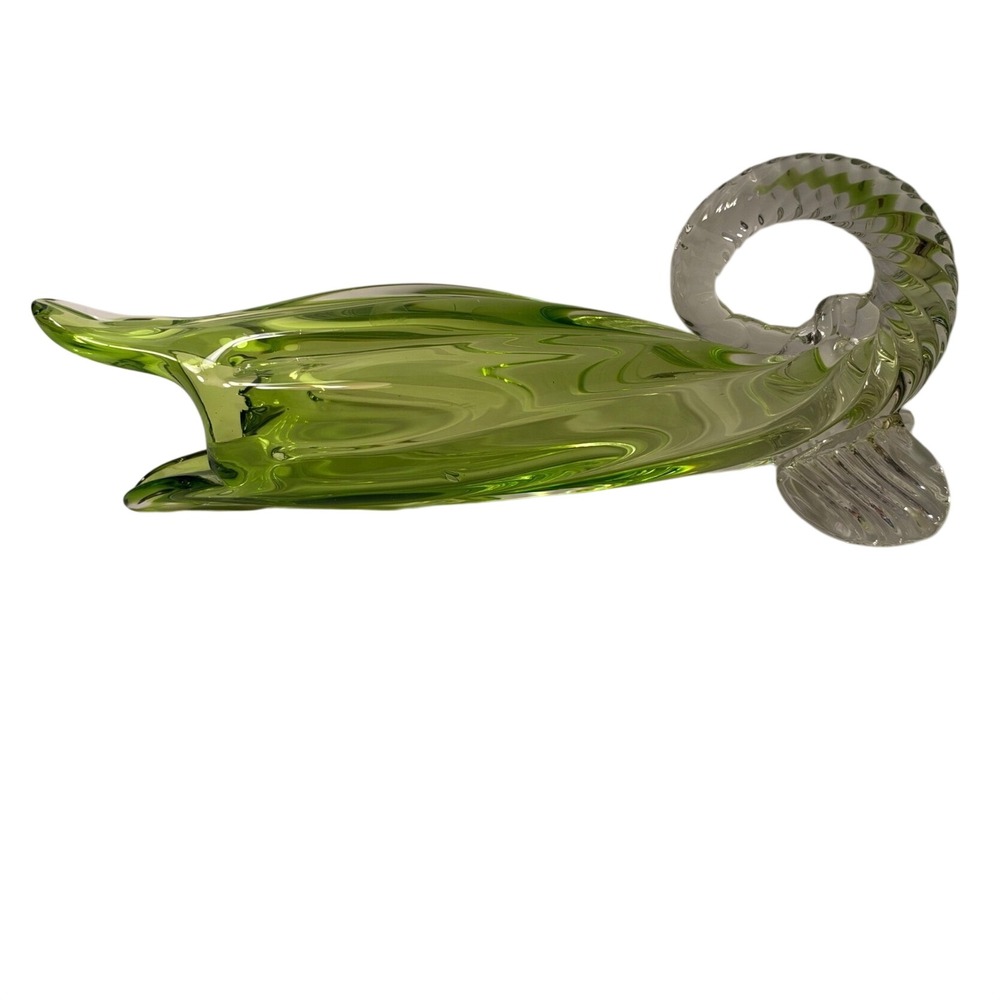 Vintage Murano Style Green Art Glass Cornucopia Horn Vase Clear Twisted Base 11"